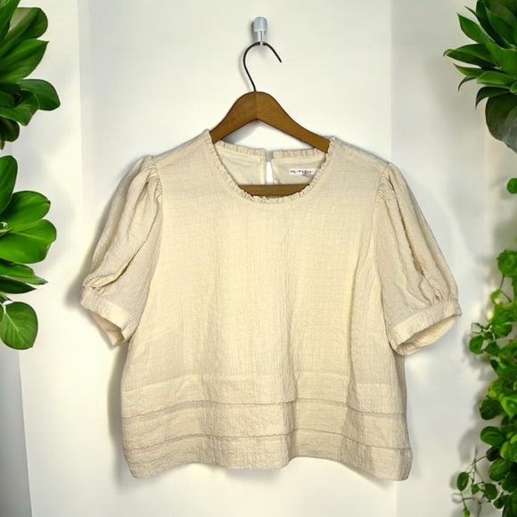 MAISIE Textured Puff Sleeve Top Cream Cropped Cottagecore Boxy Boho Blouse - Picture 10 of 10